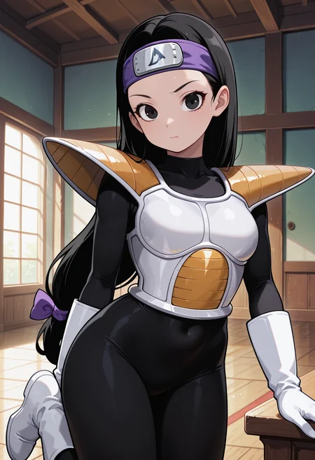 Tsch, 1girl, black hair, low-tied long hair, black eyes, purple bow, forehead protector, white saiyan armor, shoulder pad, black bodysuit, white gloves, white boots, looking at viewer, indoors, best quality, very aesthetic, masterpiece,