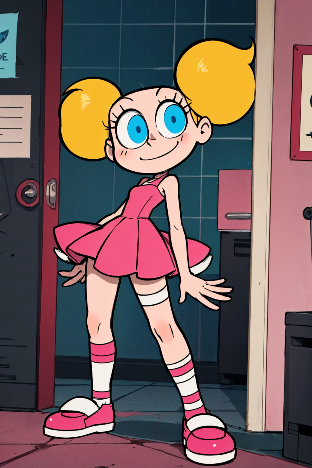 blonde hair, deedee, solo, white legwear, pink dress, twintails, blue eyes, 1girl, short twintails, smile, standing, pink footwear ,  <lora:deedee3.0-000008:0.5>