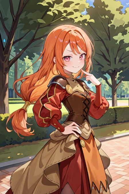 <lora:MonicaIL:0.8> , MoniDef, 1girl, pink eyes, long hair, orange hair, low-tied long hair, juliet sleeves, shoulder pads, patchwork clothes, layered dress, corset, brown corset, long skirt, red skirt, waist cape, beige waist cape, long sleeves, pantyhose, mary janes, black shoes, red sleeves, yellow juliet sleeves, looking at viewer, (cowboy shot), hand on hip, from side, smug smile, exterior, day, park, forest, looking to side, beige undershirt, masterpiece, very aesthetic, absurdres, best quality, amazing quality, high resolution, detailed background, <lora:illustrious_quality_modifiers_masterpieces_v1:0.8> , <lora:ChamIllustriousBackgroundEnhancer:0.5>,