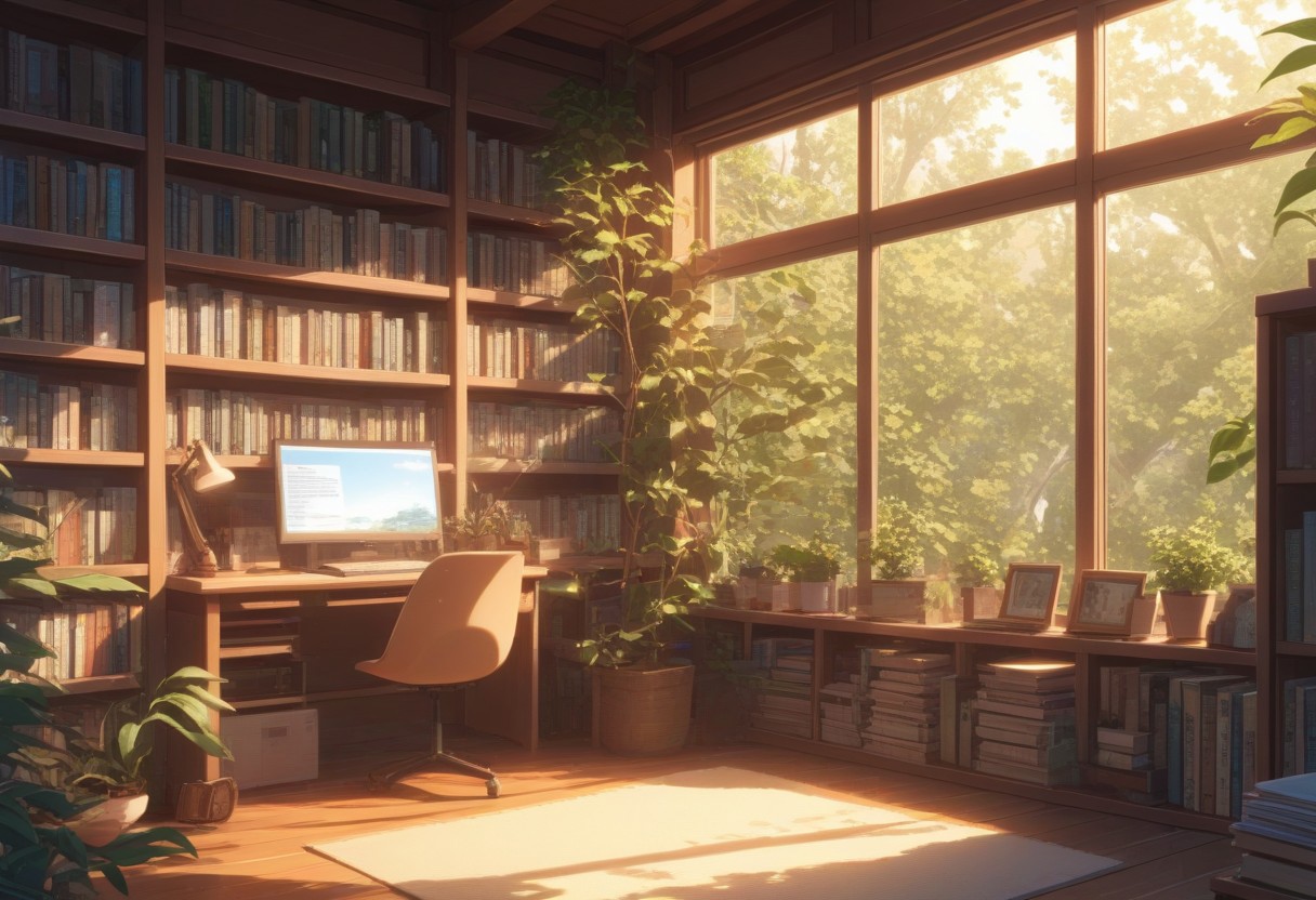 FFCB, Simple Anime, Cozy study corner at the library, plant, bookshelves, reading lamp, big glass windows