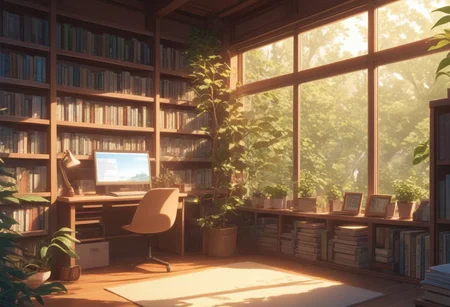 FFCB, Simple Anime, Cozy study corner at the library, plant, bookshelves, reading lamp, big glass windows
