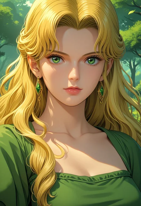 score_9, score_8_up, score_7_up, score_6_up, score_5_up, score_4_up, 1girl, (solo), beautiful, beauty, Éowyn (Miranda Otto inspired), long hair, straight hair, blonde hair, green eyes, beautiful skin, in a flowing green dress, in a forest, looking at viewer, The Lord of the Rings style, Ghibli, v4mpd, retro_artstyle, ultra detailed, hyperdetailed, cel shading, 4k, 8k, masterpiece, absurdres