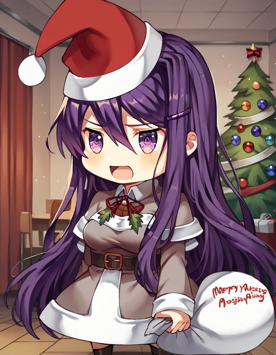score_9, score_8_up, score_7_up, source_anime, <lora:ddlc-yuri-ingame-ponyxl-lora-nochekaiser:1>, yuri, yuri (doki doki literature club), hair ornament, hairclip, long hair, purple eyes, purple hair, hair intakes, hair between eyes, sidelocks, medium breasts,, <lora:padoru-ponyxl-lora-nochekaiser:1>, padoru, padoru (meme), holding sack, sack, santa hat, meme, christmas, open mouth, chibi, red capelet, santa dress, capelet, fur-trimmed headwear,, , dutch angle, cowboy shot