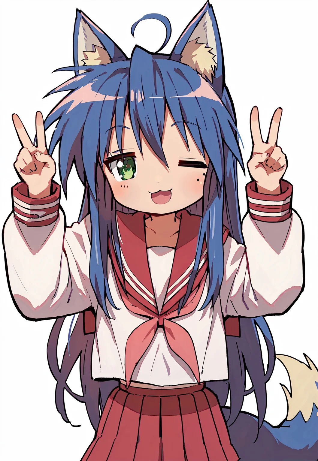 score_9, score_8_up, score_7_up, score_6_up, source_anime, masterpiece, ultra detailed, highres, 4k, best quality, 8k, 2D, moe art style, cute, kawaii, anime, white background,

1girl, solo, Konata Izumi, adult, mature, 1girl, solo, long hair, blue hair, ahoge, green eyes, mole, looking at viewer, standing, :3, wink,

serafuku, red skirt, red sailor collar, shoes, brown tighhighs, fox ears, fox tail, double v,