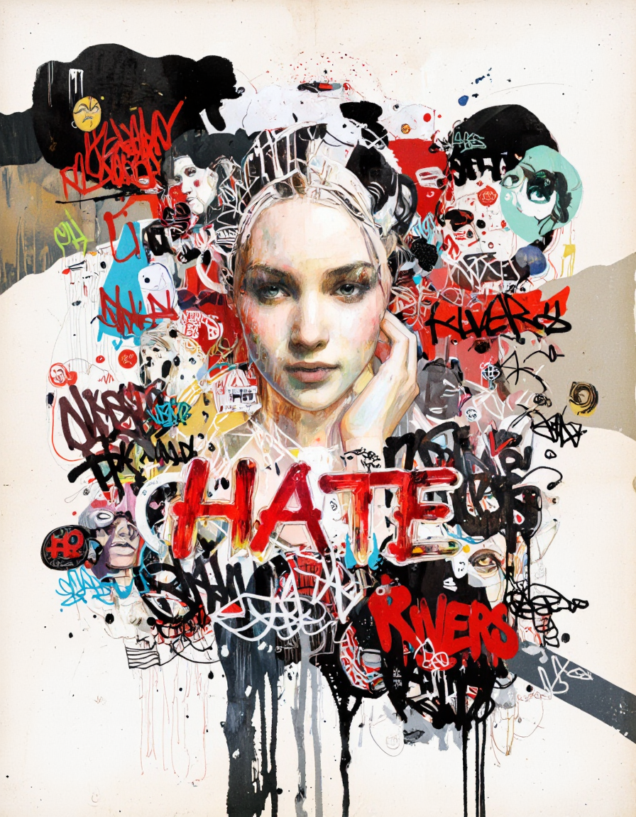 By Raphael Vicenzi. This is a digital artwork featuring a stylized portrait of a woman with a striking expression. The woman's face is prominently displayed in the center, with her eyes closed and lips slightly parted, giving an enigmatic and intense look. Her hair is depicted in bold, abstract strokes, with a mix of black, white, and red colors. The background is a chaotic blend of various shapes, lines, and textures. Red, black, and white dominate the color palette, with splashes of other colors like blue, yellow, and green scattered throughout.
The artwork is heavily textured, with layers of paint and ink creating a gritty, urban feel. There are numerous graffiti-like tags and scribbles in red and black, adding to the street art aesthetic. The word "HATE" is prominently displayed in large, bold letters in the middle of the image, with additional text and symbols scattered around it. The word "RIVERS" is also visible in the lower right corner, written in a bold, red font. The overall composition is dynamic and energetic, with a sense of movement and tension created by the overlapping and contrasting elements. The style is a blend of graffiti art and pop art, with a focus on bold, expressive lines and vivid colors. <lora:Raphael_Vicenzi:1.0>