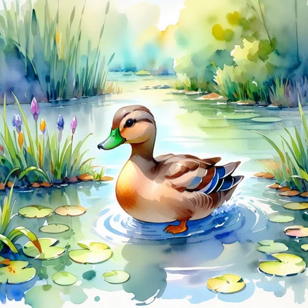 SoftWaterColors, a duck at a pond, BREAK
<lora:SoftWatercolors:1>