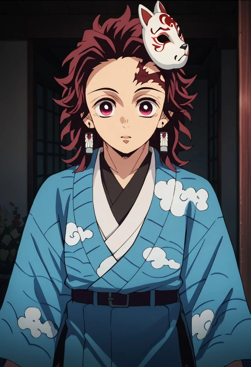 score_9, score_8_up, score_7_up, source_anime, rating_safe, kamado tanjirou, red_Tanjiro_medium hair, red-white_Tanjiro_eyes, white-red_Tanjiro_earrings, red_Tanjo_scar on forehead, 1boy, male focus, anime screencap, blue-white_Tanjiro_kimono, blue_Tanjiro_pants, fox mask, dim light,