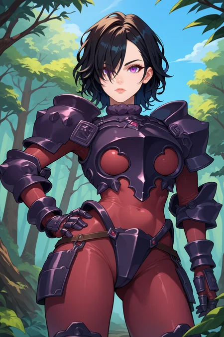 score_9, score_8_up, score_7_up, score_6_up, source_anime, 1girl, solo, <lora:berengaria-pdxl-nvwls-v1-000006:1> berengaria, black hair, short hair, purple eyes, hair over one eye, maroon bodysuit, long sleeves, black armor, gauntlets, big breasts, looking at you, blue sky, forest, alpine forest, upper body, hand on hip