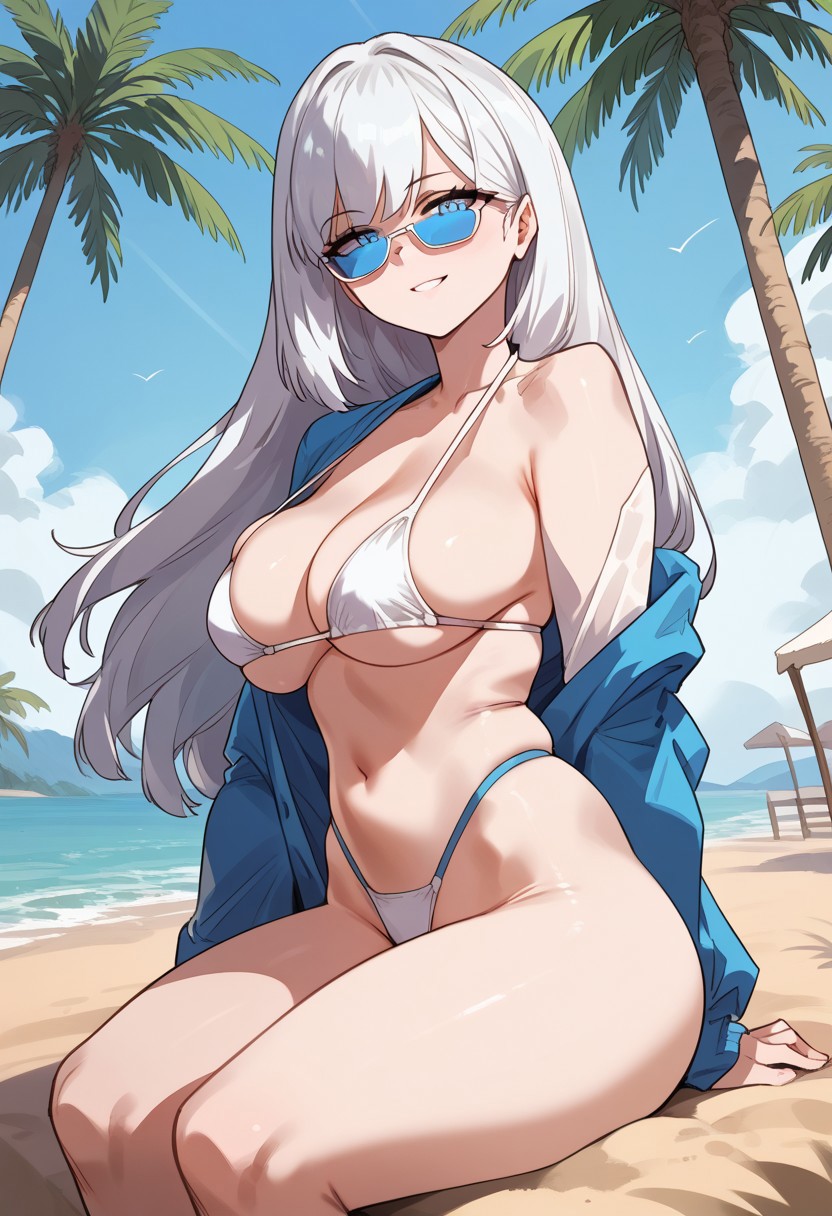 zPDXL3, score_9_up, score_8_up, score_7_up, (Anime_source), 1girl, SylviaAdruncus, blue eyes, white hair, long hair, cowboy shot, looking at viewer, smile, from side, palm trees, light blush, sitting on sand (bikini, g thong), blue theme, sunglasses