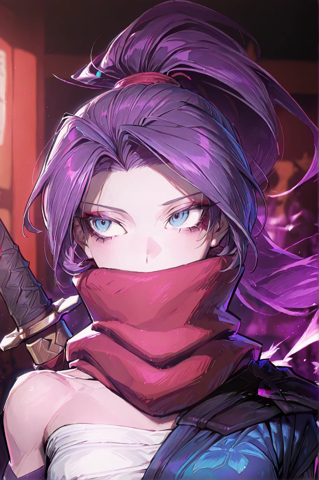 1girl, solo, (portrait:1.5), 30y, <lora:Psylockev1_Illu_Dwnsty:1> psylocke_mvr, blue eyes, purple hair, high ponytail, parted bangs, long hair, red scarf, scarf over mouth, japanese clothes, chest sarashi, kimono, sash, red belt, obi, single shoulder pad, fingerless gloves, arm guards, nail polish, blue nails, black footwear, blue thighhighs, sheath, weapon on back, blurry background, <lora:cgel-style-richy-v1_ixl:1>, <lora:princess_xl_v2:1>, <lora:illustrious_noobai_epsilon_pred_11_very_aesthetic_v1:1> masterpiece, best quality, very aesthetic, absurdres, <lora:illustrious_noobai_epsilon_pred_1_best_quality_v1:0.8> masterpiece, best quality, very aesthetic, absurdres, masterpiece, best quality, amazing quality, very aesthetic, absurdres, ultra-detailed, newest