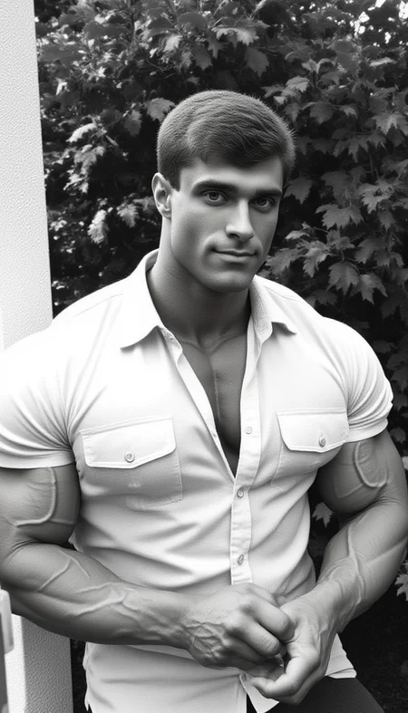 This black-and-white photograph features a youngish (18-25) masculine @wssngr1 male muscular man standing outdoors in a park-like setting. The man has perfect hands, is positioned slightly to the right of center, has a well-defined, extremely muscular physique with bulging biceps and a broad chest. He is wearing white short sleave shirt with pockets that accentuates his muscular build, and his short, dark hair is neatly combed back. His expression is confident and slightly serious.
In the background, lush green foliage with leaves and trees can be seen, suggesting a park or garden setting. The lighting is natural, likely from the sun, casting soft shadows that enhance the texture of his skin and the definition of his muscles. To the left of the man, there is a white, textured surface, possibly a wall or part of a building, adding a contrasting element to the image.
The photograph is signed in the bottom left corner with the initials "CHROME188." The overall style is classic, with a focus on the man's physique and the natural environment. The image is high-contrast, emphasizing the details of the man's body and the textures of the foliage. The composition is slightly tilted, giving a dynamic and engaging feel to the photograph.
<lora:Hand v2:1><lora:@brtlmss1.v4.style.solo.flux1d_epoch_1:0.9><lora:JohnWessinger.v1.char.@wssngr1.flux1d_epoch_3:0.9>