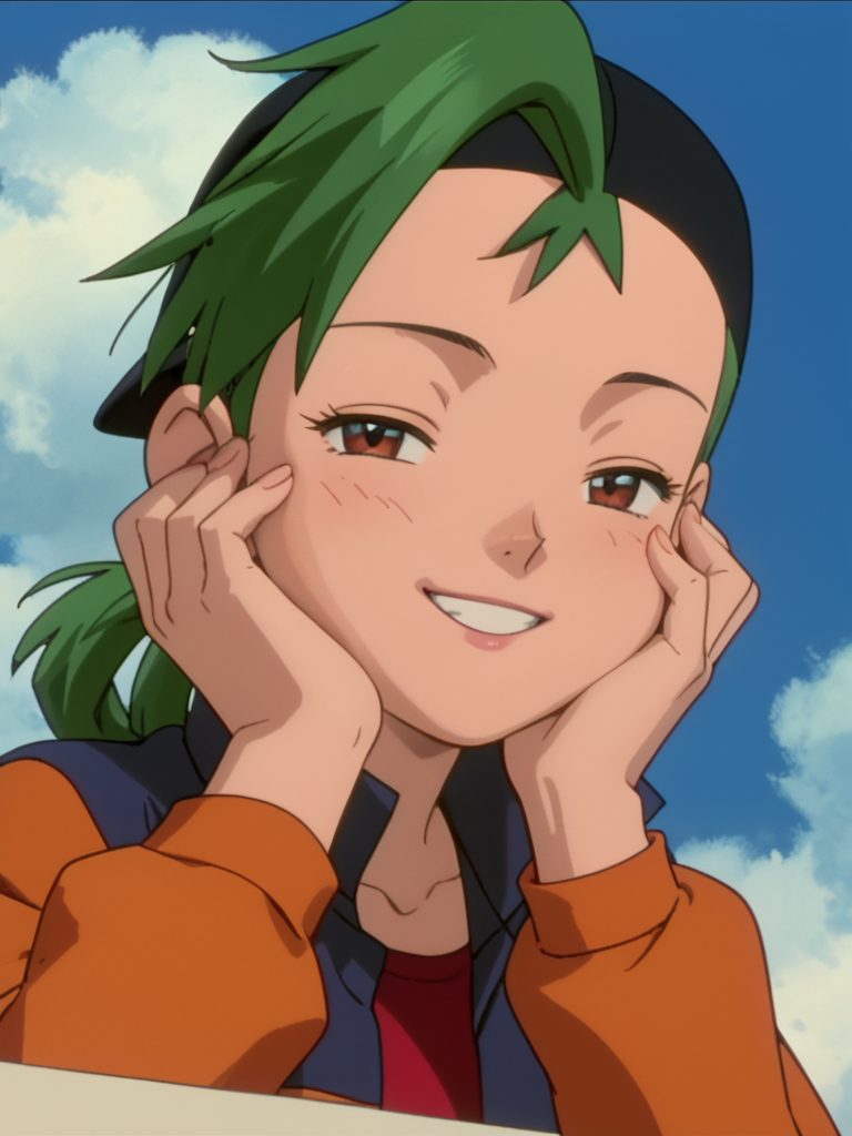 score_9, score_8_up, score_7_up, 1girl, solo, source_anime, anime_screencap, pkmMaren, green hair,  <lora:pkmMaren:1> face focus, close up, holding face in hand, smiling with half closed eyes, looking at viewer,