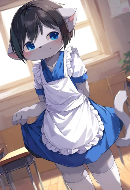 aoino_style, solo, anthro, kemono, furry, fur, 1boy, solo, black hair, 4 fingers, cat boy, grey cat ears, grey cat tail, grey fur, blue eyes, pink pawpads, two-tone skin, happy expression, young, cute, cute face, detailed skin, perfect eyes, detailed eyes, perfect hands, perfect face, blush, embarrased, half-open eyes, BREAK jyojifuku, frills, kneehighs, apron, BREAK standing, amrs behind back, classroom, indoors, colorful, looking away, daylight, bright, dutch angle, BREAK ((ultra-detailed)), ((best quality)), ((best quality)), ((beautiful eyes)), ((extremely detailed)), 4K, (8K), best quality, (beautiful), Master piece, highres, score_9, score_8_up, score_7_up, score_6_up, score_5_up, score_4_up, colorful, best quality, official art, highres, masterpiece, nai3, god light, detailed background, high quality background,