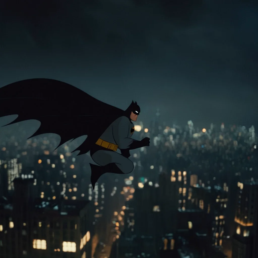 cinematic film still of <lora:Batman:1.4>
Batman a batman flying over a city at night In Gotham City Universe, shallow depth of field, vignette, highly detailed, high budget, bokeh, cinemascope, moody, epic, gorgeous, film grain, grainy