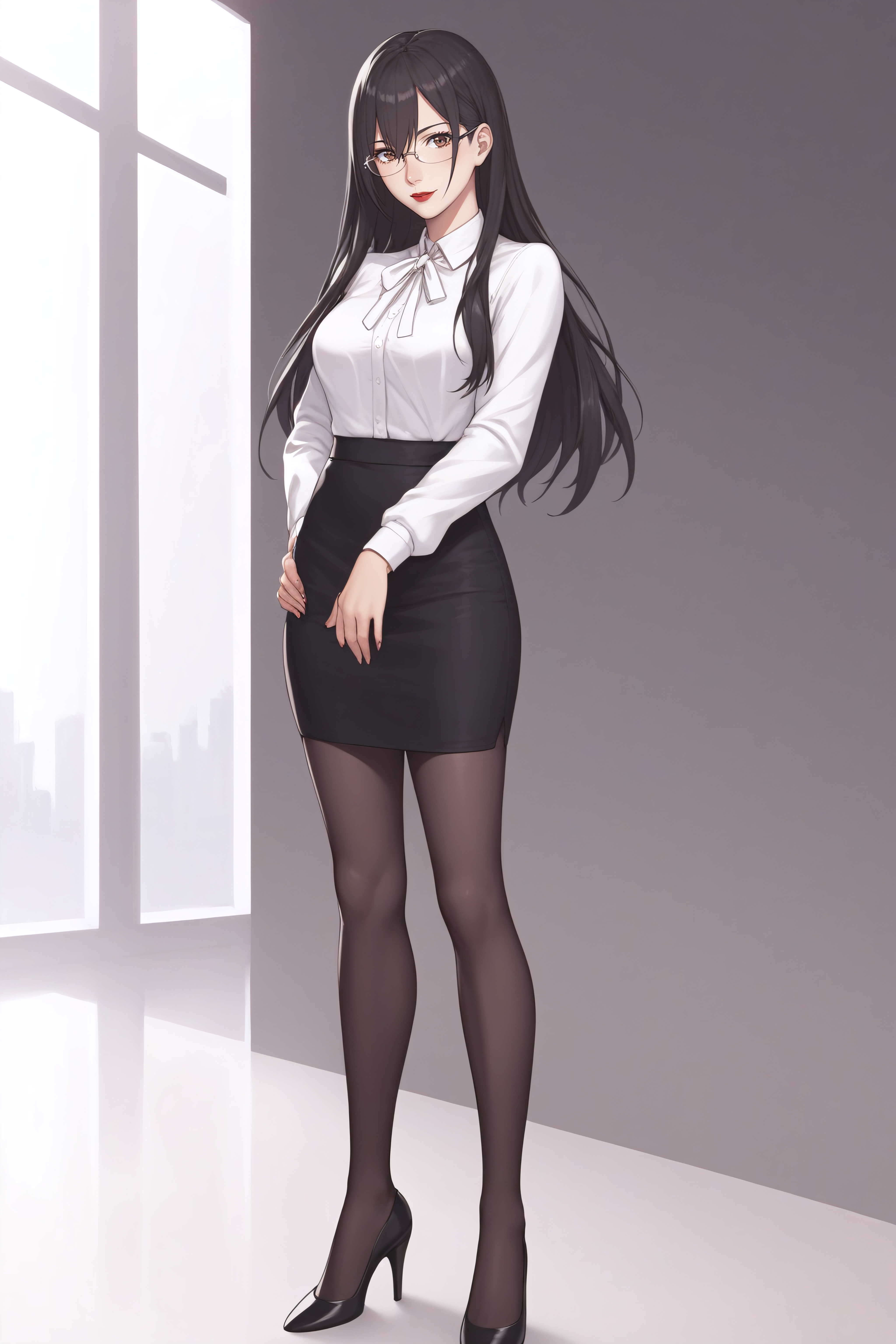score_9, score_8_up, score_7_up, BREAK source_anime, <lora:Mayuri Hanyuu-PonyXL-lora-Faxtron:0.8> mayuri hanyuu, brown eyes, black hair, long hair, medium breasts, red lips, glasses, white shirt, white neck ribbon, pencil skirt, black pantyhose, high heels, standing,