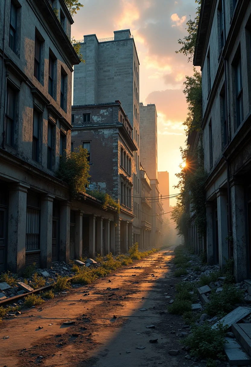 Crumbling buildings dominate an abandoned cityscape,
overtaken by nature,
as the sun sets casting play of deep shadows accentuating the ruins,
faded storefronts,
intertwining vegetation,
absence of human life,
warm glow of twilight,
enveloping silence,
texture of decay,
urban decay storytelling,
cinematic,
dramatic lighting,
ultra fine details.