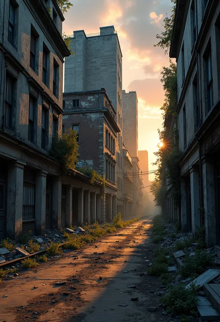 Crumbling buildings dominate an abandoned cityscape,
overtaken by nature,
as the sun sets casting play of deep shadows accentuating the ruins,
faded storefronts,
intertwining vegetation,
absence of human life,
warm glow of twilight,
enveloping silence,
texture of decay,
urban decay storytelling,
cinematic,
dramatic lighting,
ultra fine details.