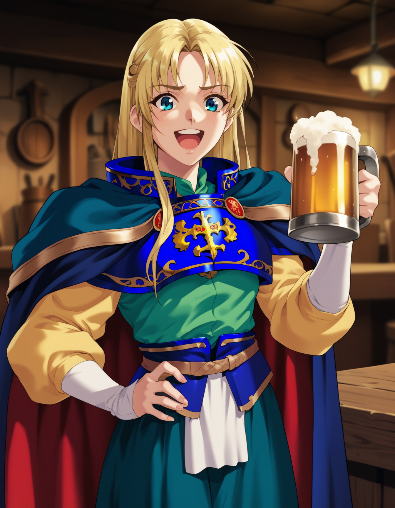 score_9,  score_8_up, score_7_up <lora:sharon-ponyxl-000011:1> wwsharon, breastplate, blue cape, red cape, two-sided cape, green shirt, yellow sleeves, green skirt,
1girl, solo, beer mug, excited, tavern