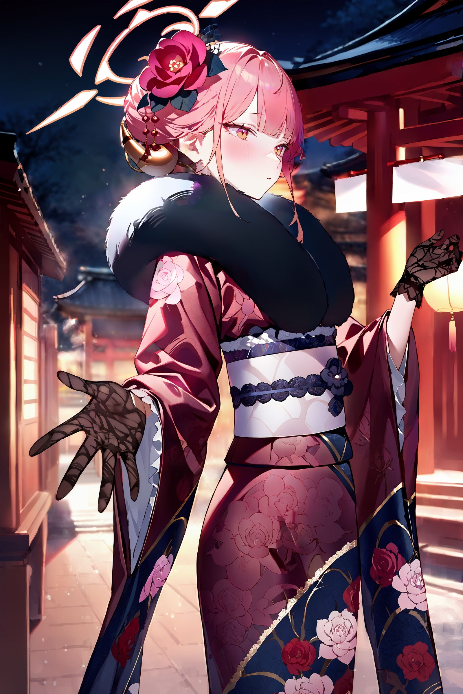 masterpiece, best quality, very aesthetic, ray tracing, newest,(hitenkei, askzy:0.5), 1girl, aru \(blue archive\), solo, fur-trimmed kimono, lace gloves, horns, hair flower, halo, obi, sash, tabi, single hair bun, standing, cowboy shot, reaching towards viewer, shy, blush, looking away, night, outdoors, east asian architecture, blurry background  <lora:quality1:0:hr=2>,  <lora:Char-BlueArchive-Aru-XL-V1:0.9>