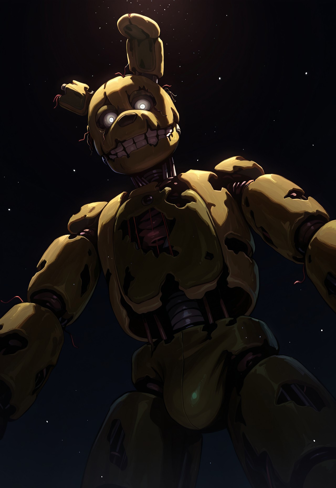 (masterpiece,absurdres,best quality,amazing quality,very aesthetic,absurdres,newest,high resolution,illustration),dynamic pose,2024,questionable,nsfw,1boy,solo,fnaf,(springtrap),classic_springtrap,rabbit,half body,white eyes,perfect face,closed mouth,animatronic,male,male focus,detailed background,dark background,no humans,dramatic lighting,detailed,light particles,looking at viewer,from below,office