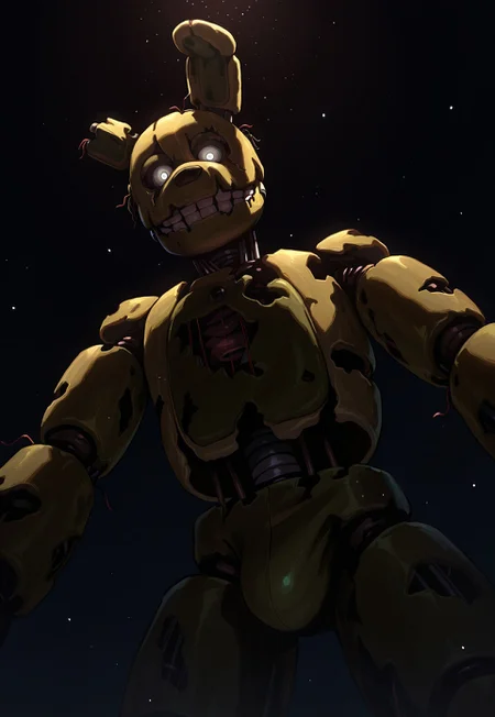 (masterpiece,absurdres,best quality,amazing quality,very aesthetic,absurdres,newest,high resolution,illustration),dynamic pose,2024,questionable,nsfw,1boy,solo,fnaf,(springtrap),classic_springtrap,rabbit,half body,white eyes,perfect face,closed mouth,animatronic,male,male focus,detailed background,dark background,no humans,dramatic lighting,detailed,light particles,looking at viewer,from below,office