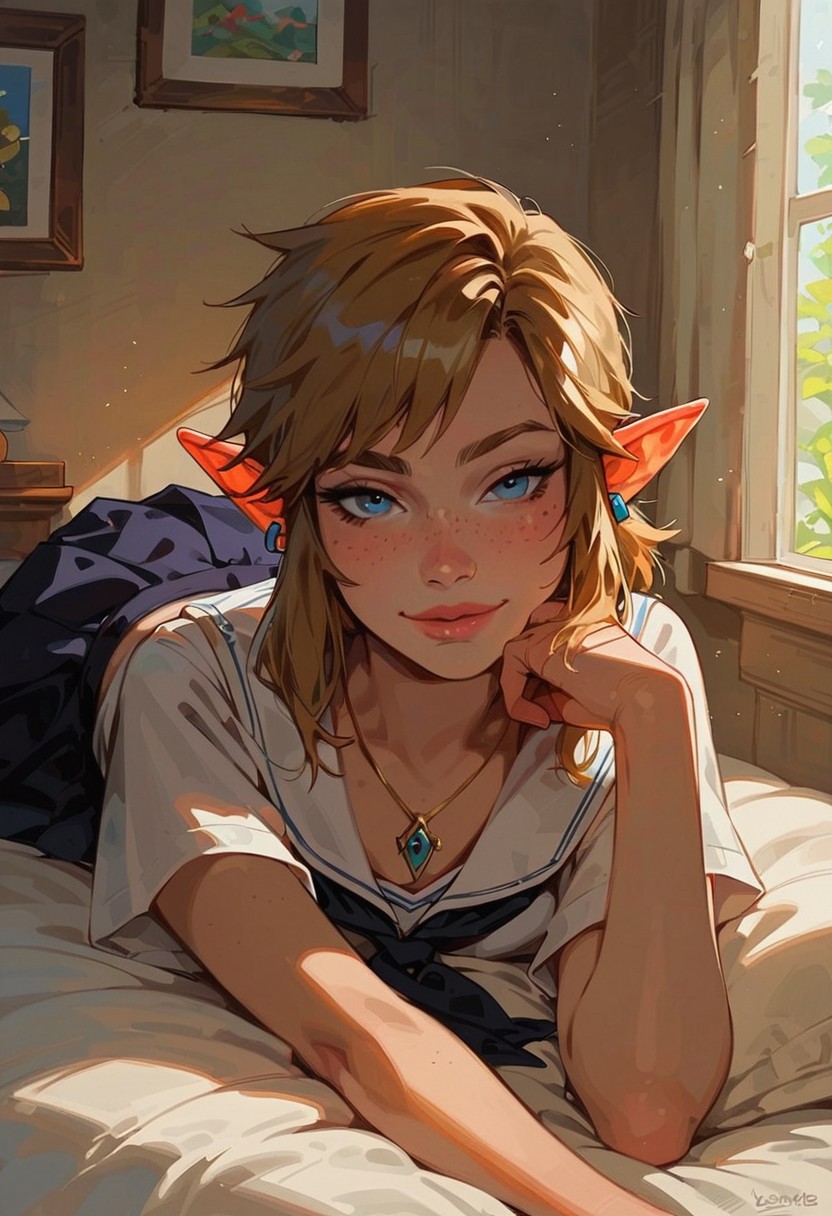 score_9, score_8_up, score_7_up,1girl,Link (legend of zelda),18yo,young,solo,school uniform,lying prone,bedroom,sunlight,smirk,raised eyebrow,looking at viewer,flat chest,slender,shiny skin,petite body,short,shapely,supple,earrings,necklace,freckles,lips,erotic,beautiful,pretty,seductive,sexy,high quality,high detail,masterpiece,realism