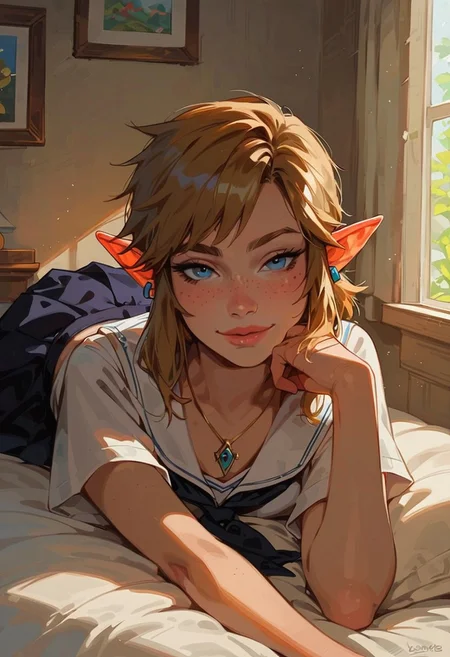 score_9, score_8_up, score_7_up,1girl,Link (legend of zelda),18yo,young,solo,school uniform,lying prone,bedroom,sunlight,smirk,raised eyebrow,looking at viewer,flat chest,slender,shiny skin,petite body,short,shapely,supple,earrings,necklace,freckles,lips,erotic,beautiful,pretty,seductive,sexy,high quality,high detail,masterpiece,realism