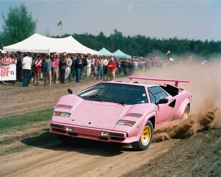 analog film photo car rally magazine photograph of a pink lamborghini countach (((rally car))) jumping, big air time, rally jump, action motion blur dust LP5000 <lora:add-detail-xl:2> <lora:LP5000-SDXL-V1.2:1>, (big offroad lights at the roof:1.2), hella flood lights, searchlights on roof, . faded film, desaturated, 35mm photo, grainy, vignette, vintage, Kodachrome, Lomography, stained, highly detailed, found footage
