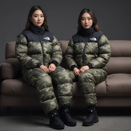 (full body shot) cute two japanese tall women wearing Camouflage prints with a twist (e.g., urban camo) tnf_nuptse jacket and thick puffy double layered tnf_nuptse puffer salopettes, hyperdetailed photography,4k textures,intricate details,4k resolution <lora:pufferdown_tnf_nuptse:0.5>, sitting on a couch, in a dark room, cinematic still
