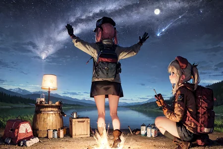 masterpiece, best quality, ultra-detailed, illustration, 1girl, solo, outdoors, camping, night, mountains, nature, stars, moon, bonfire, tent, twin ponytails, green eyes, cheerful, happy, backpack, sleeping bag, camping stove, water bottle, mountain boots, gloves, sweater, hat, flashlight, forest, rocks, river, wood, smoke, shadows, contrast, clear sky, constellations, Milky Way, peaceful, serene, quiet, tranquil, remote, secluded, adventurous, exploration, escape, independence, survival, resourcefulness, challenge, perseverance, stamina, endurance, observation, intuition, adaptability, creativity, imagination, artistry, inspiration, beauty, awe, wonder, gratitude, appreciation, relaxation, enjoyment, rejuvenation, mindfulness, awareness, connection, harmony, balance, texture, detail, realism, depth, perspective, composition, color, light, shadow, reflection, refraction, tone, contrast, foreground, middle ground, background, naturalistic, figurative, representational, impressionistic, expressionistic, abstract, innovative, experimental, unique