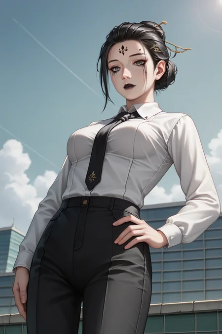 sscore_9, score_8_up, score_7_up, source_anime, 1girl, prefect lighting, very aesthetic, intricate details, highly detailed background, masterpiece, high quality, prefect hands, best quality, solo,
<lora:Spider_Spirit_Fourth_Sister_Black_Myth_Wukong_V1:.85>, KJOfourth, black hair, forehead mark, grey eyes, runny makeup, black lips, hair bun, hair pin,
White collared shirt, black necktie, black pants, long sleeves,
standing, hand on own hip, from below, looking at viewer,
rooftop,
(Beautiful, medium Breasts:1.2), natural breasts,