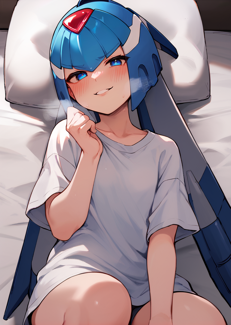 score_9, score_8_up, score_7_up, source_anime, leviathanmisc, petite, mechanical hair, helmet, blue hair, low twintails, blue eyes, smug, oversized shirt, 
BREAK bed, lying, thighs, parted lips, heavy breathing, blush, 
<lora:leviathan-step00001400:1>