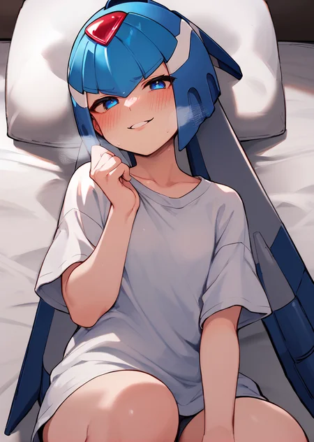 score_9, score_8_up, score_7_up, source_anime, leviathanmisc, petite, mechanical hair, helmet, blue hair, low twintails, blue eyes, smug, oversized shirt, 
BREAK bed, lying, thighs, parted lips, heavy breathing, blush, 
<lora:leviathan-step00001400:1>
