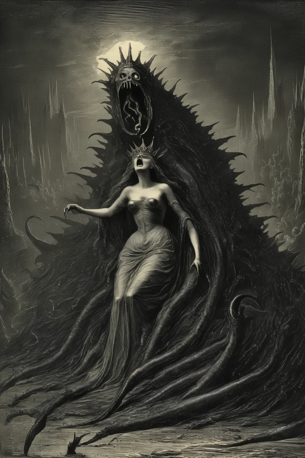 <lora:Gustave Dore Style:1>Gustave Dore Style - The Horror known as The Worm Queen of the Mines of apathy of the universe of the Long Night. in its true form of endless evil and horror and all its terrifying power and monster form