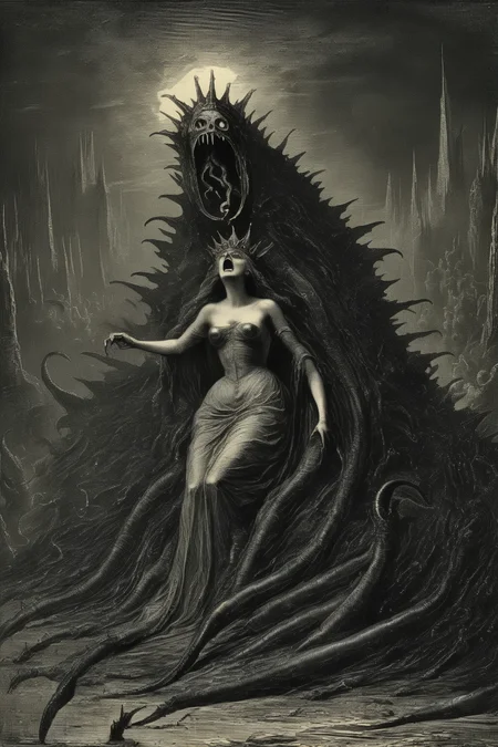 <lora:Gustave Dore Style:1>Gustave Dore Style - The Horror known as The Worm Queen of the Mines of apathy of the universe of the Long Night. in its true form of endless evil and horror and all its terrifying power and monster form
