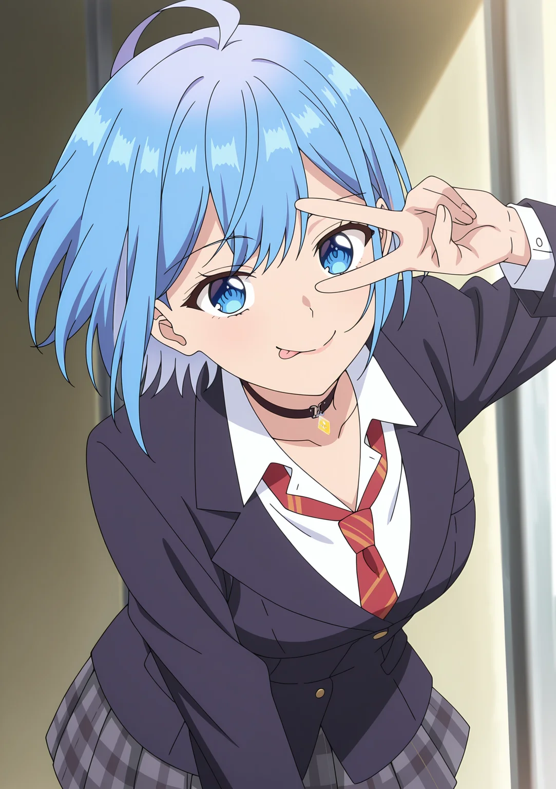 detailed background, official style,anime coloring, (anime screencap) masterpiece, detailed face,1girl <lora:Himari_Inuzuka__Can_a_Boy-Girl_Friendship_Survive:0.8>Himari, blue hair, blue eyes, short hair, choker, black choker, bangs,smile, tongue out, floating hair, closed mouth, skirt, school uniform, jacket, pleated skirt, blazer, cardigan, shirt, collarbone, grey skirt, plaid, plaid skirt, necktie, red necktie, leaning over, peace sign over eye,