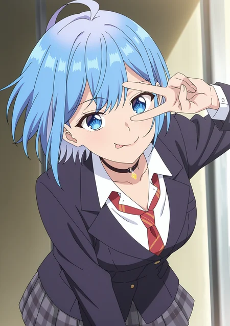detailed background, official style,anime coloring, (anime screencap) masterpiece, detailed face,1girl <lora:Himari_Inuzuka__Can_a_Boy-Girl_Friendship_Survive:0.8>Himari, blue hair, blue eyes, short hair, choker, black choker, bangs,smile, tongue out, floating hair, closed mouth, skirt, school uniform, jacket, pleated skirt, blazer, cardigan, shirt, collarbone, grey skirt, plaid, plaid skirt, necktie, red necktie, leaning over, peace sign over eye,