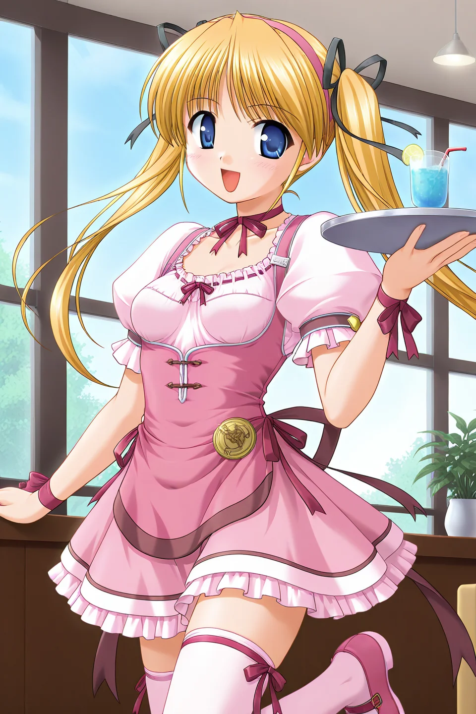 masterpiece, best quality, absurdres, official art, official style, rating generael BREAK <lora:shibugakimatsuri_IL_v1-3:0.7>, shibugaki matsuri, 1girl, solo, blonde hair, blue eyes, very long hair, bangs, twintails, hair ribbon, black ribbon, small breasts BREAK pink hairband, ribbon choker, pink bow, collarbone, pink dress, frilled dress, pinafore dress, short dress, cleavage, pink shirt, ribbon-trimmed shirt, puffy short sleeves, breast ribbon, wrist ribbon, name tag, badge, brown back ribbon, pink skirt, frilled skirt, petticoat, zettai ryouiki, pink thighhighs, one thigh ribbon, blush, smile, :d, happy, open mouth, dutch angle, walking, floating hair, looking at viewer, cowboy shot, wind, holding tray, drinking glass, standing on one leg, indoors, cafeteria, glass, window, tree