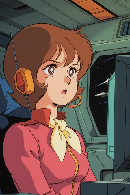 masterpiece, best quality, amazing quality, absurdres, frawbow79, brown hair, solo, serious, open mouth, talking, headset, sitting, monitor, pink military uniform, yellow ascot, upper body, medium breasts, indoors, spacecraft, science fiction, retro artstyle