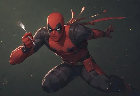 score_9, score_8_up, Deadpool, bodysuit, mask, Giving a spoon, Prision, Wolverine behind bars,