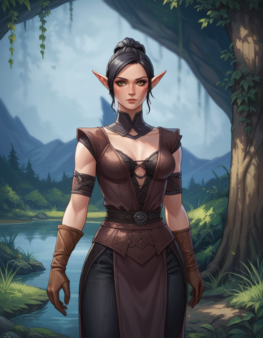score_9, score_8_up, score_7_up, 1girl, solo, SulfS-S3B1LL3, upper body:1.5, portrait, front view,
elf, pointy ears, black hair, short hair, low ponytail,
B&Wdr3ss, dress, pants, gloves,
forest:1.5, lake,
<lora:Sebille_Kaleran_Divinity_Original_Sin_2-000003:0.7>