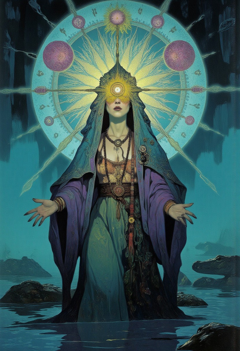 Psychedelic swamp oracle, third eye wide open, bone beads and Spanish moss veil, radiant fractal aura, glowing alligator spirits circling, mist-drenched bayou at dawn, spectral sigils in the fog, cosmic Cajun priestess, vibrant blue-green-violet tones, sacred psychedelic surrealism, painterly detail, cinematic light bloom
<lora:FLUX-daubrez-DB4RZ-v2:0.55> <lora:Sinfully_Stylish_.02_for_FLUX:0.35> <lora:dystopia:0.6>
Art by Gerald Brom, Anime art