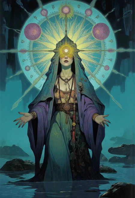 Psychedelic swamp oracle, third eye wide open, bone beads and Spanish moss veil, radiant fractal aura, glowing alligator spirits circling, mist-drenched bayou at dawn, spectral sigils in the fog, cosmic Cajun priestess, vibrant blue-green-violet tones, sacred psychedelic surrealism, painterly detail, cinematic light bloom
<lora:FLUX-daubrez-DB4RZ-v2:0.55> <lora:Sinfully_Stylish_.02_for_FLUX:0.35> <lora:dystopia:0.6>
Art by Gerald Brom, Anime art
