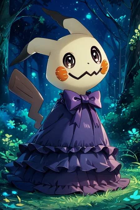 score_9, score_8_up, score_8, no humans, BREAK, , zzMimikyu, solo, pokemon (creature), no humans, animal focus, mimikyu, full body, standing, outdoors, grass, black eyes, tree, nature, forest, night, <lora:Mimikyu_Pokemon_PDXL:0.8>,, BREAK, closed mouth, alternate costume, smile, looking at viewer, blush, ,,, zzLFashion, frilled dress, frills, bow, dress, striped thighhighs, sweetL, cowboy shot, ,,, embedding:zPDXL, Expressiveh, ,,, <lora:Vivid:0.7>, <lora:LFashionPDXL:1>, <lora:Uncensored_PonyXL_cpt_v02.09:0.4>, <lora:Expressive_H-000001:0.4>,