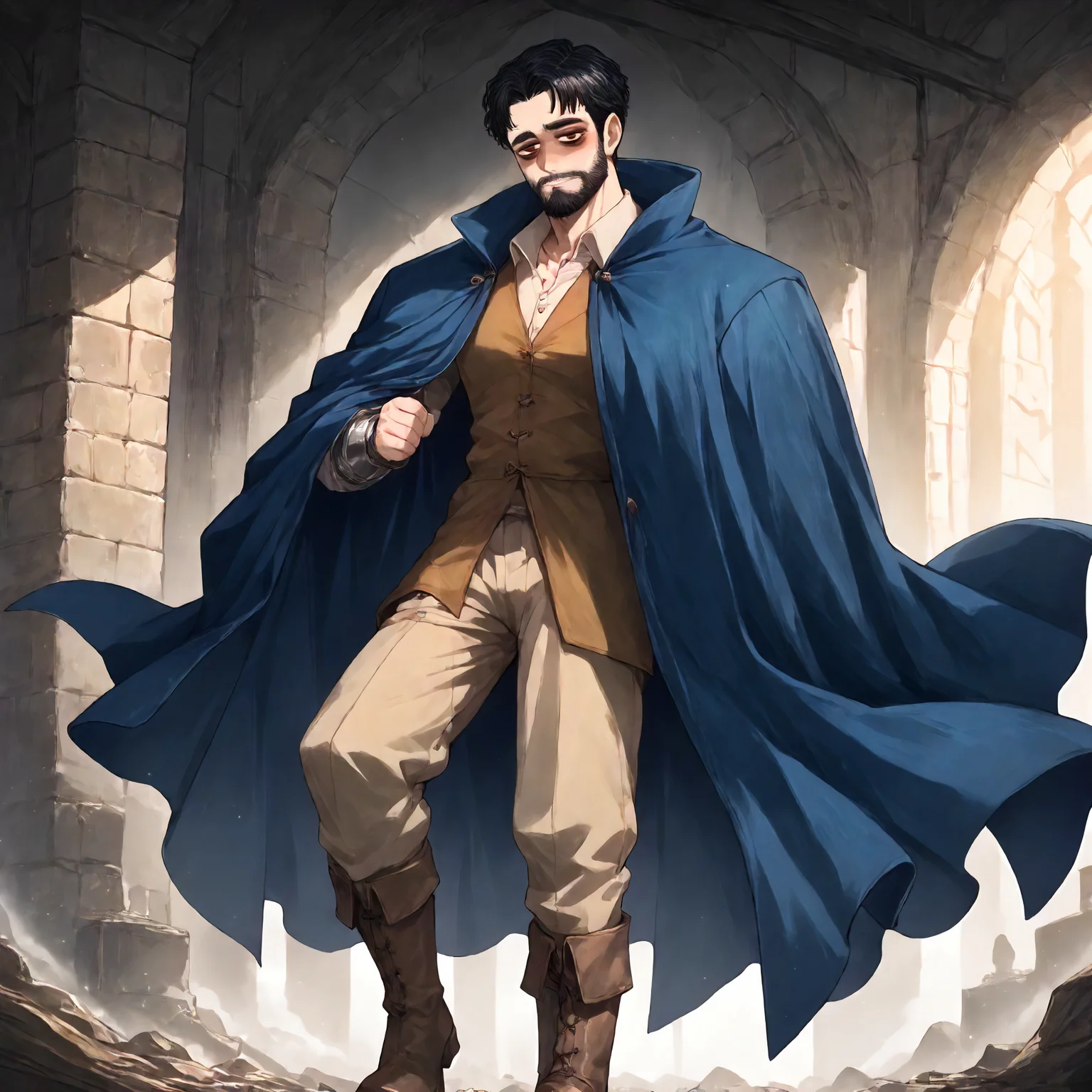 <lora:Art Style Limbus ID Art:1> l1mbu51d, <lora:BTV Michael Crane:1> btvcrane, 1boy, black hair, very short hair, full beard, brown eyes, bags under eyes. dark blue coat, cloak, brown vest, shirt, tan pants, boots., score_9, score_8_up, score_7_up, score_6_up, score_5_up, score_4_up, masterpiece, detailxl. BREAK