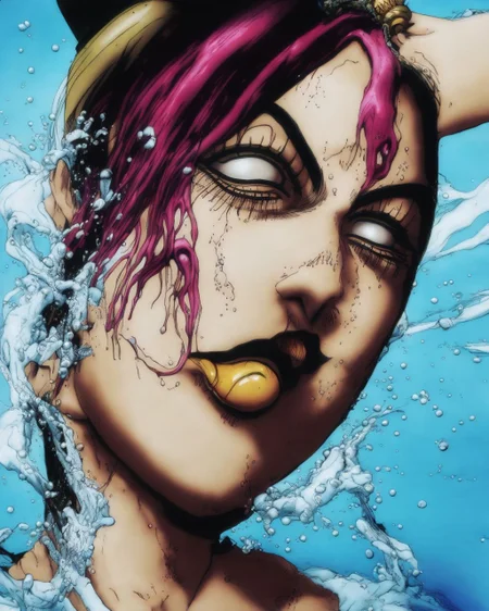 <lora:JolyneCujoh15:1> A photo of Jolyne Cujoh in a pool party, Very detailed, clean, high quality, sharp image, Mark Ryden, Saturno Butto