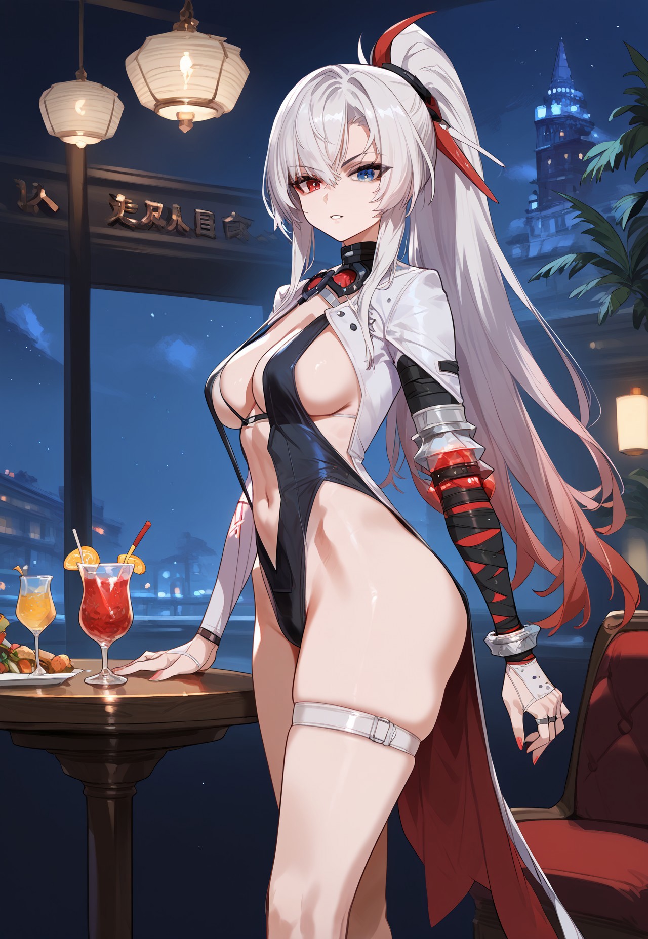 zPDXL3, score_9_up, score_8_up, score_7_up, (Anime_source), 1girl, CrimsonWeave, heterochromia, red eye-blue eye, long hair, ponytail, multicolored hair, white-red hair, (slingshot dress'), crossed leg, cowboy shot, looking at viewer, parted lips, from side, luxurious restaurant, night, relax atmosphere, table, cocktails, 