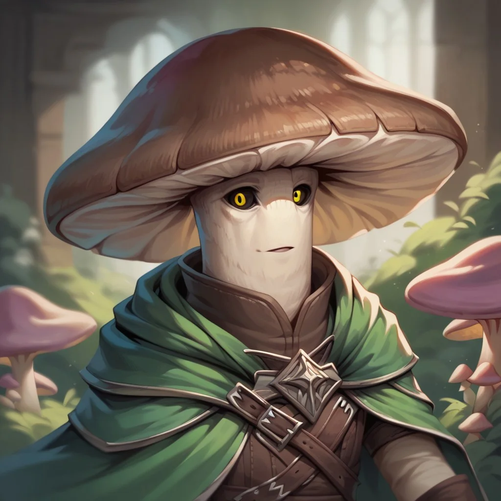 (((detailed, beautiful, high quality))), score_9, score_8_up, score_7_up, upper body,
myconid, anthro mushroom, mushroom cap, black sclera,
1male, brown hat, white skin, yellow eyes, green cape,
looking at the viewer, posing, blurred background, blurred fantasy background,