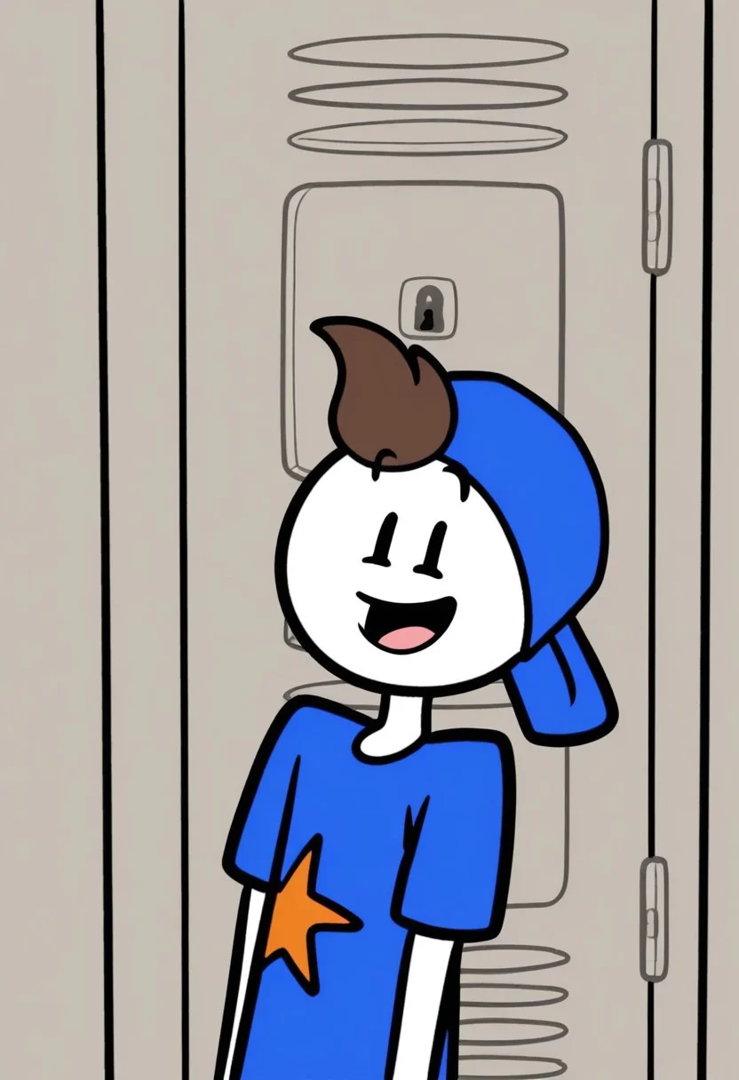 score_9, score_8_up, score_7_up, masterpiece, best quality, amazing quality, Copper, 1boy, solo, brown hair, blue hat, blue shirt, grey pants, black eyes, white skin, shirt, male focus, smile, solo, open mouth, star \(symbol\), upper body, t-shirt, door, star print, short sleeves, flat color