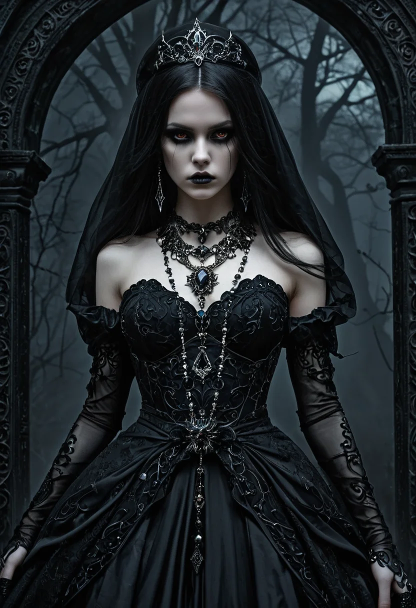 Gothic style <lora:ul0px:1>,ul0px (style, 1girl, fantasy art, dress, jewelry, necklace), . Dark, mysterious, haunting, dramatic, ornate, detailed